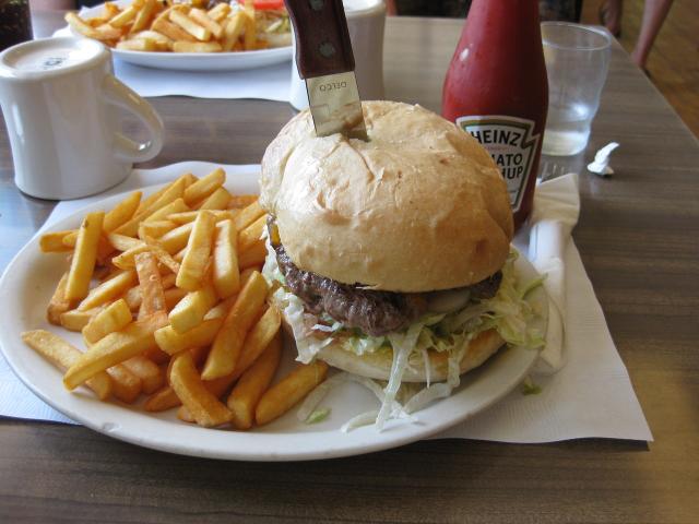 Mt Index cafe half pound burger, comes pre-stabbed